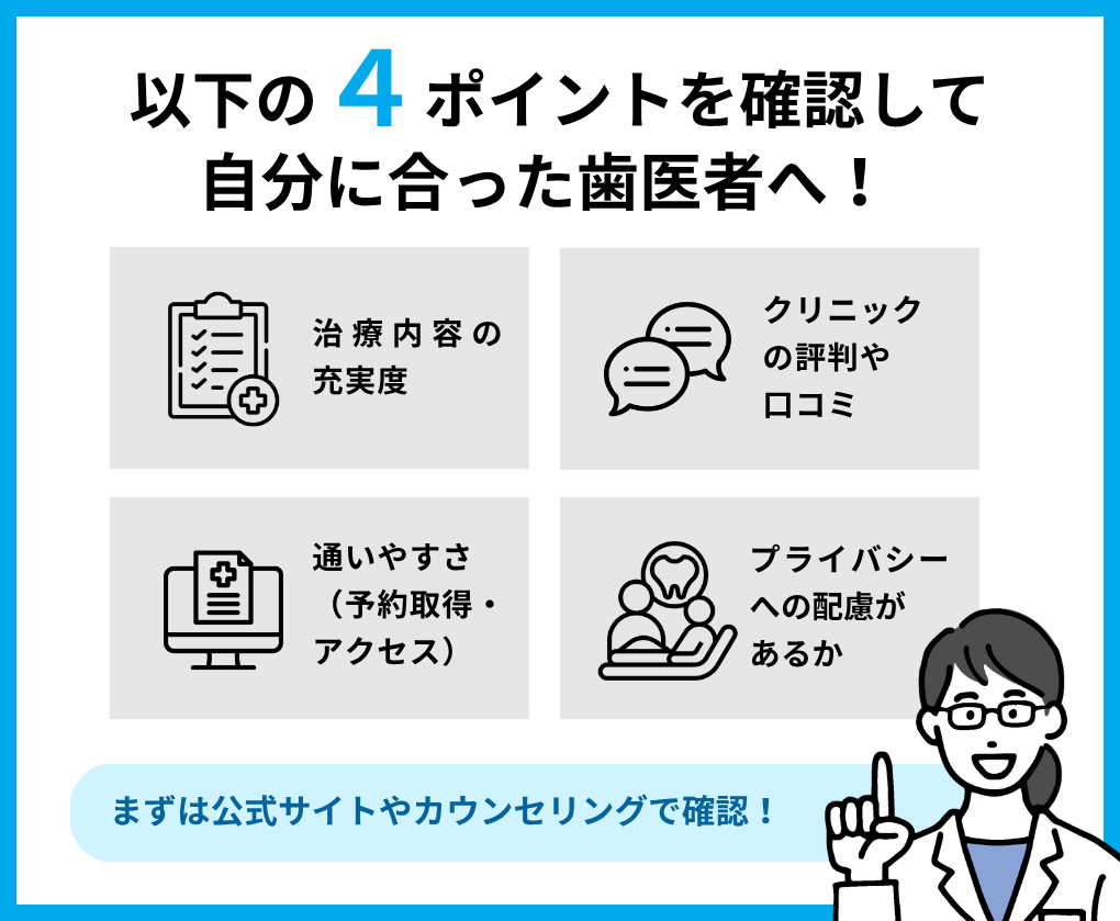 歯医者を選ぶ際にチェックする4つのポイント|大阪市の歯医者おすすめ16選|休日診療など気になるポイントも